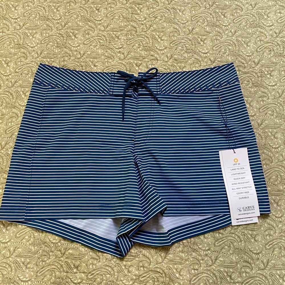 Blue striped beach shorts